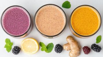Chia seed drinks vibrant colors with lemon, ginger, and mint, offering refreshing detox photo