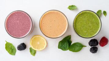 Chia seed detox drinks in vibrant colors, refreshing and healthy options photo