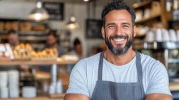 Smiling barista in cozy cafe, showcasing warmth and friendliness while serving customers photo