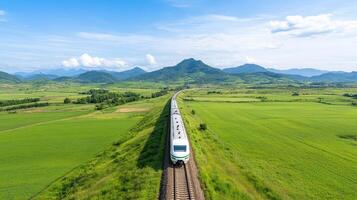 scenic train journey through lush green fields and rolling hills evokes sense of adventure and photo