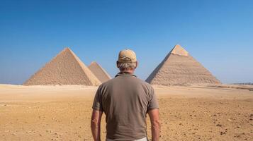 Exploring majestic pyramids of Giza, traveler admires ancient wonders photo