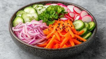 Fresh vegetables, vibrant colors, healthy salad, sliced cucumbers, carrots, radishes, onions photo