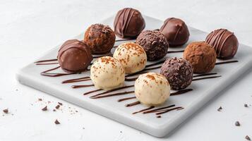 Delicious chocolate truffles arranged on platter, showcasing various flavors and textures photo