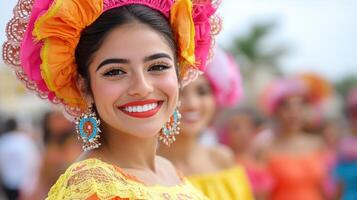 Vibrant cultural celebration featuring smiling woman traditional attire, showcasing joy and photo