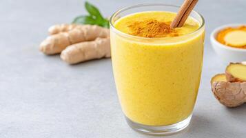 vibrant golden smoothie with turmeric, ginger, and hint of sweetness, perfect for health photo