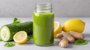 Fresh green detox juice with cucumber, spinach, ginger, and lemon for healthy boost photo