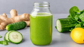 Fresh green detox juice with cucumber, spinach, and lemon, promoting health and vitality photo