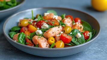 Fresh spinach salad with colorful tomatoes and feta cheese, bursting with flavor and nutrition photo
