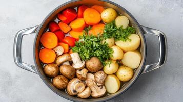Fresh vegetables and mushrooms in pot, ready for cooking healthy meal photo