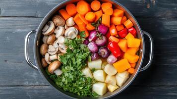 Fresh vegetables including carrots, mushrooms, and herbs create colorful and healthy dish photo