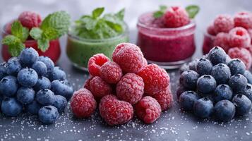 Frosted berries arranged beautifully, showcasing vibrant colors and textures, evoke freshness photo
