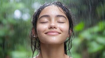 young woman enjoying rain with serene expression, eyes closed, and water droplets on her face photo