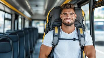 cheerful backpacker with large backpack is seated on bus, ready for adventure photo