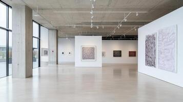 Modern art gallery interior with abstract paintings displayed white walls, showcasing creativity photo
