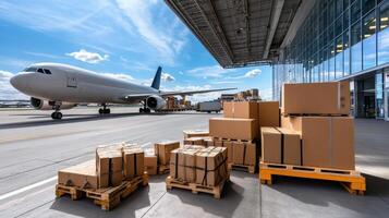 cargo plane is parked airport, surrounded by shipping containers and stacked boxes photo