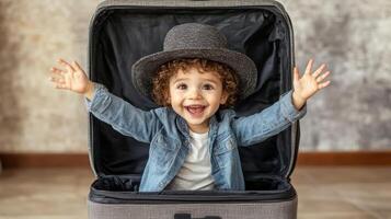 joyful child wearing hat is playfully sitting inside suitcase, expressing excitement and photo