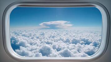 stunning view of fluffy clouds and bright blue sky seen through airplane window, evoking sense photo