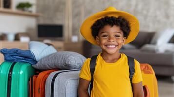 Bright and cheerful child wearing yellow hat and shirt, ready for travel with colorful suitcases photo