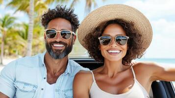 Happy couple enjoying sunny day in convertible car by beach, surrounded by palm trees photo