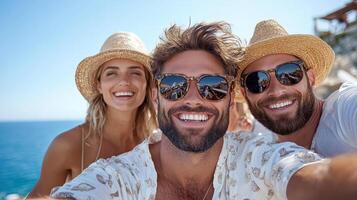 Happy friends enjoying sunny beach day, taking selfie with smiles and sunglasses photo