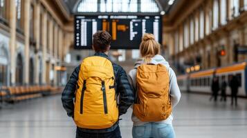 Travelers with backpacks stand in train station, gazing at departure board photo