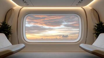 serene interior with large window showcasing vibrant sunset sky, creating peaceful atmosphere photo