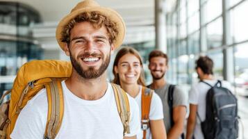 Smiling travelers with backpacks waiting in line at airport, excited for their adventure photo