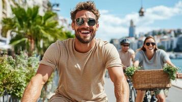 Happy friends riding bicycles along scenic waterfront, enjoying sunny day together photo