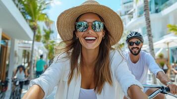 Happy friends enjoying sunny day riding bicycles in vibrant urban setting photo