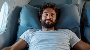 Relaxed traveler enjoying peaceful nap airplane, surrounded by soft pillows and natural light photo