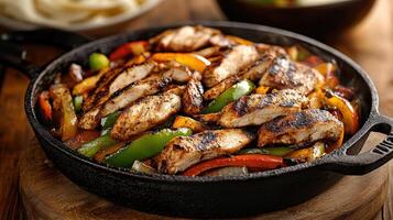 Sizzling skillet filled with grilled chicken and colorful bell peppers, perfect for tacos photo
