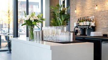 modern cocktail bar featuring elegant glassware and fresh flowers, creating welcoming atmosphere photo