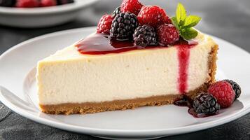 Creamy cheesecake slice topped with fresh berries and berry sauce, perfect for dessert lovers photo