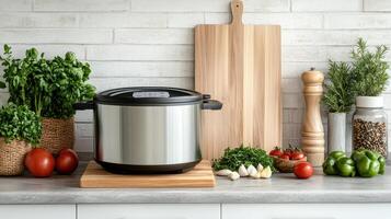 modern slow cooker sits wooden board surrounded by fresh vegetables, creating vibrant kitchen photo