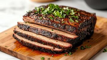 Juicy brisket slices garnished with fresh herbs wooden cutting board, showcasing rich textures photo