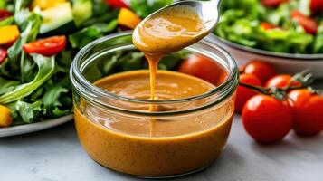 Creamy homemade dressing drizzled from spoon into glass jar, surrounded by fresh salad photo