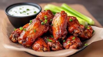 Delicious buffalo wings served with ranch dip and celery sticks, perfect for sharing photo