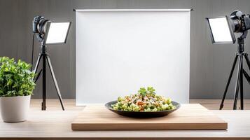 professional food photography setup featuring vibrant salad wooden surface, illuminated by photo