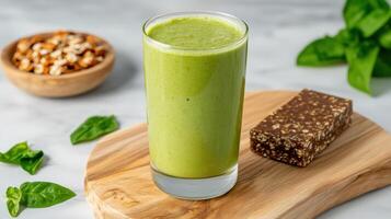 Fresh smoothie with spinach and healthy snack bar on wooden board photo