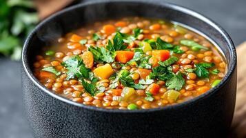 steaming bowl of homemade vegetable soup with lentils, vibrant and healthy photo