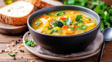 steaming bowl of organic vegetable soup with fresh herbs and bread on side photo