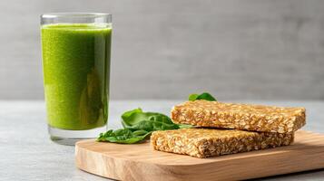 Fresh smoothie and snack bars on wooden board, perfect for healthy lifestyle photo