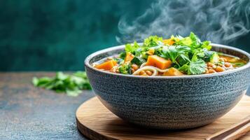 steaming bowl of homemade vegetable soup with lentils, packed with fresh ingredients and vibrant photo