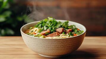 steaming hot bowl of noodle soup filled with fresh herbs and vegetables, perfect for cozy meal photo