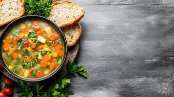 steaming bowl of organic vegetable soup with fresh herbs and bread slices nearby photo
