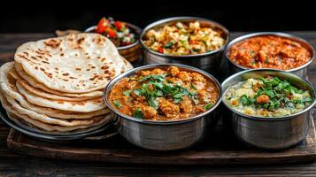Delicious Indian cuisine featuring various curries, naan, and fresh salads, perfect for sharing photo