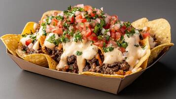 Loaded nacho tray with spicy beef, topped with fresh salsa and herbs, perfect for sharing photo