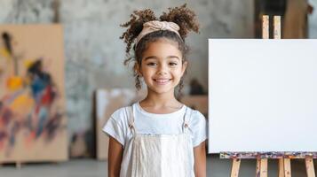 young girl smiles brightly front of blank canvas, ready to create art. Her curly hair is styled photo