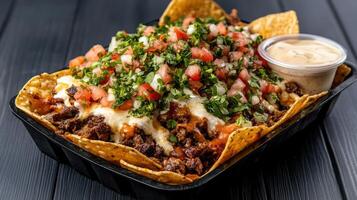 Loaded nacho tray with spicy beef, topped with fresh salsa and cilantro, served with dipping photo