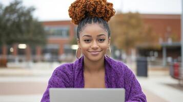 student smiling while studying outdoors with laptop, showcasing relaxed atmosphere photo